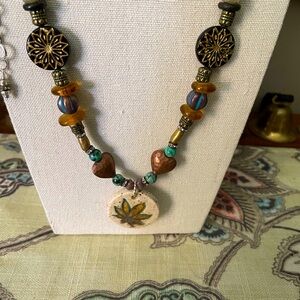 Handmade Leaf pendant beaded necklace.